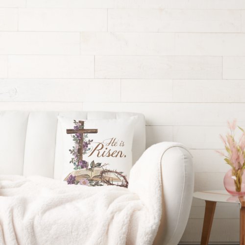 He is Risen Floral Cross with Bible Throw Pillow
