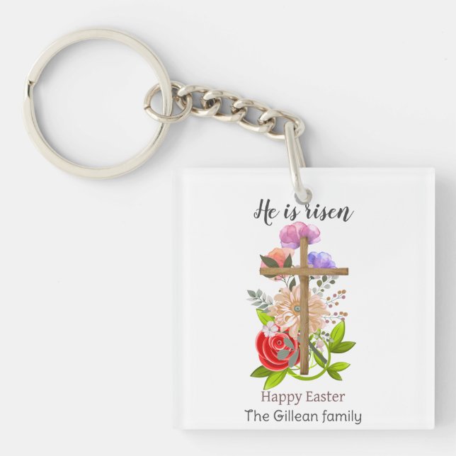 He is risen, floral wood Easter family, Religious  Keychain (Front)