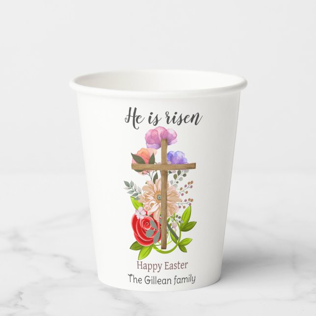 He is risen, floral wood Easter family, Religious  Paper Cups (Back)