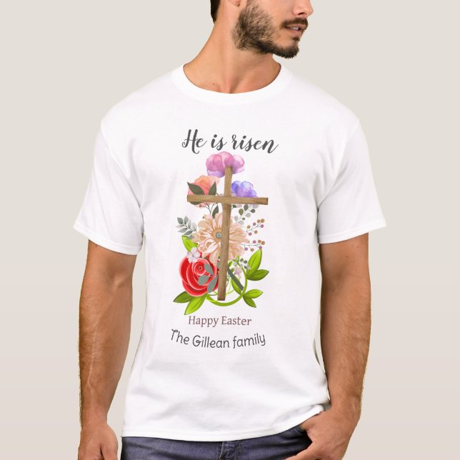 He is risen, floral wood Easter family, Religious  T-Shirt (Front)