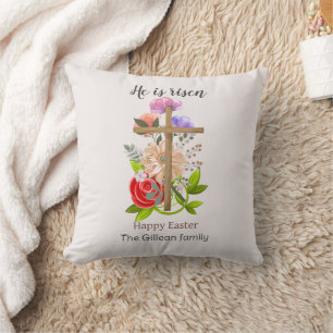 He is risen, floral wood Easter family, Religious Throw Pillow