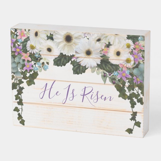 He Is Risen | Gerbera Daisies Swag | Easter Wooden Box Sign (Angled Horizontal)