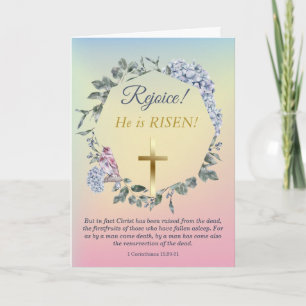 He Is Risen Gold Cross Easter Floral Wreath Card