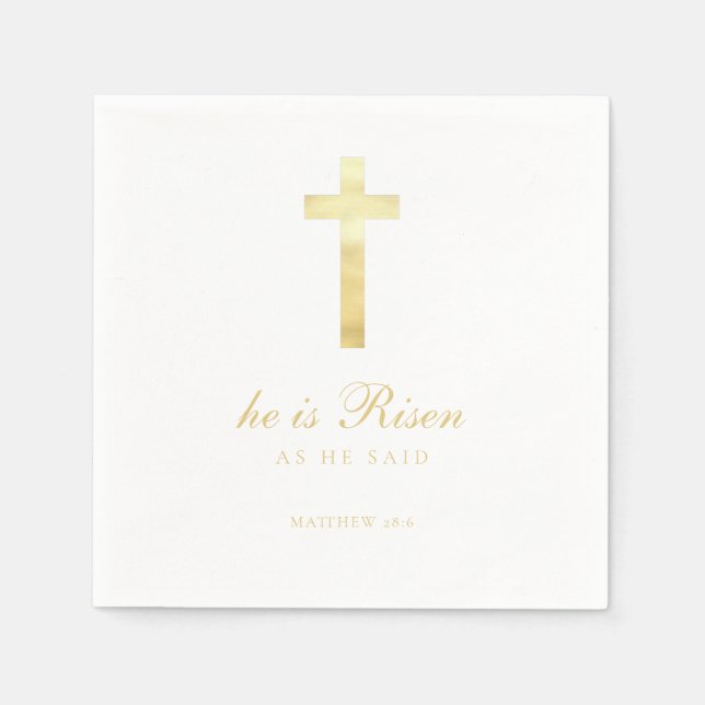 He is Risen | Gold Cross Easter Napkins (Front)
