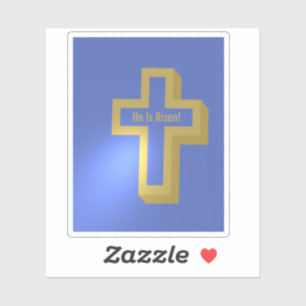 He is Risen Gold Lit Christian Cross Blue Easter Sticker