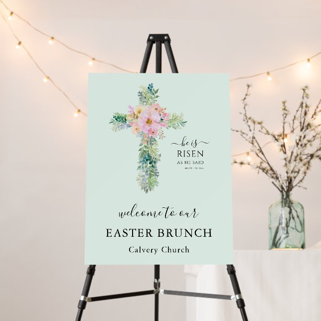He is Risen Greenery Cross Easter Brunch Welcome Foam Board (In Situ (Stand))