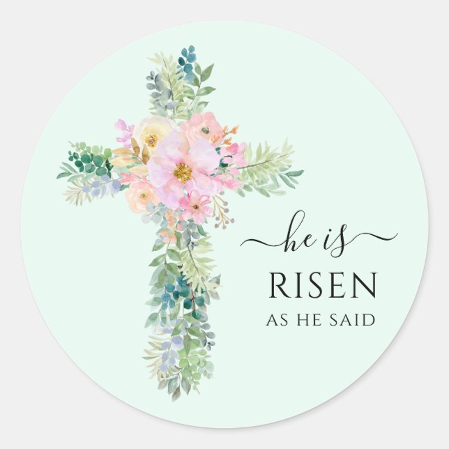 He is Risen Greenery Watercolor Cross Classic Round Sticker (Front)