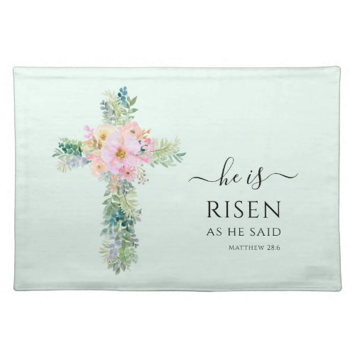 He is Risen Greenery Watercolor Cross Easter Cloth Placemat