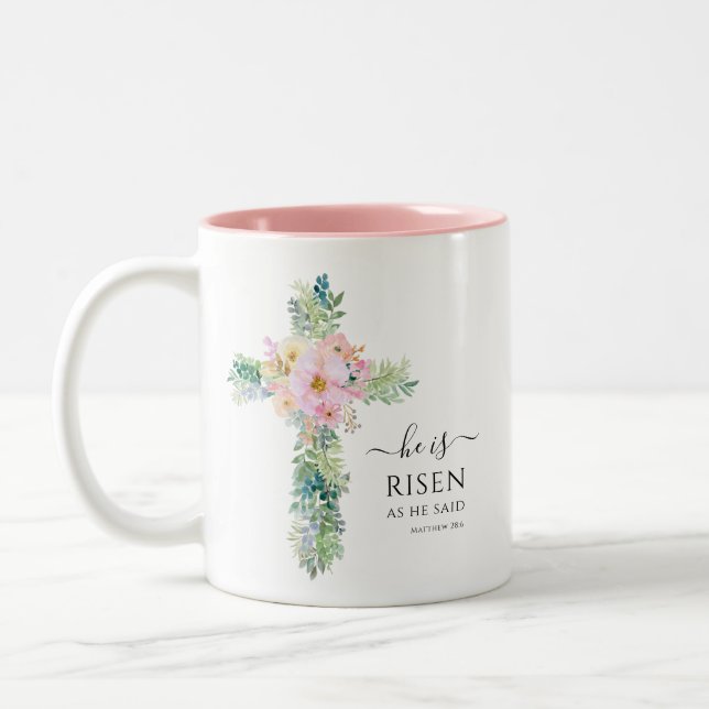 He is Risen Greenery Watercolor Cross Easter Mug (Left)
