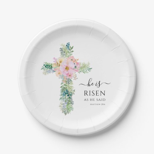 He is Risen Greenery Watercolor Cross Easter  Paper Plates