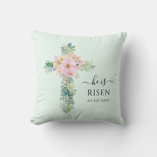 He is Risen Greenery Watercolor Cross Easter Throw Pillow