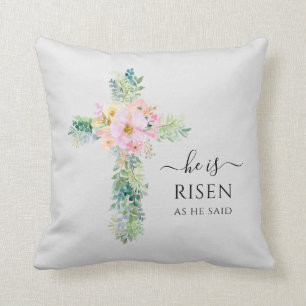 He is Risen Greenery Watercolor Cross Easter Throw Pillow