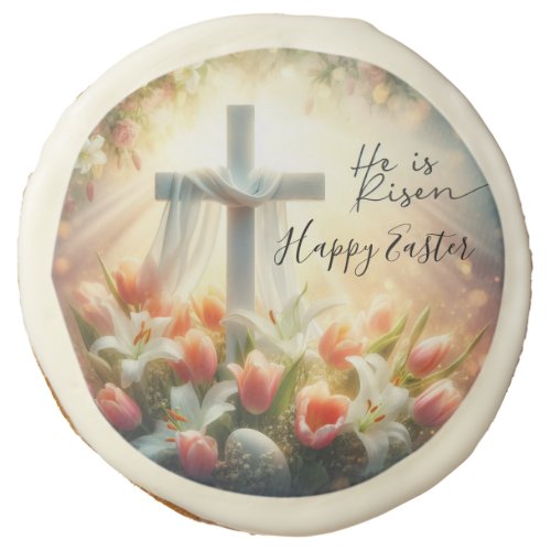 He is Risen Happy Easter Cross and Tulips Sugar Cookie
