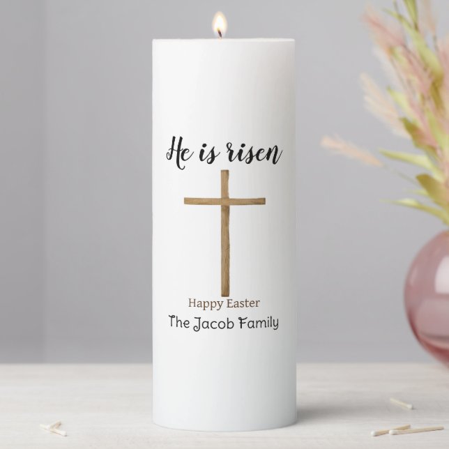 He is risen, Happy Easter to family, Religious  Pillar Candle (In Situ)