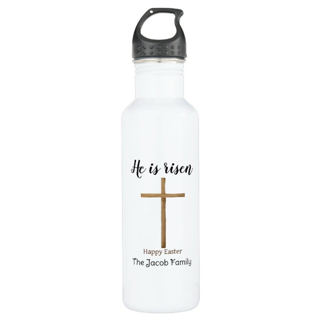 He is risen, Happy Easter to family, Religious Stainless Steel Water Bottle (Front)