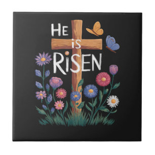 He Is Risen Jesus Floral Christian Easter Ceramic Tile