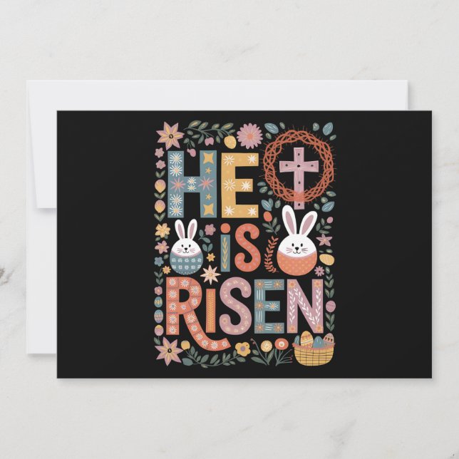 He is Risen Jesus Floral Cute Easter Bunny Rabbit Invitation (Front)