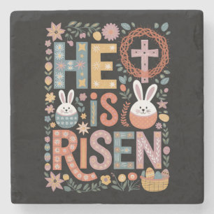 He is Risen Jesus Floral Cute Easter Bunny Rabbit Stone Coaster