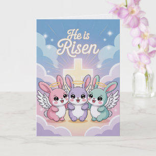 He Is Risen Kawaii Easter Card  Cute Bunny 