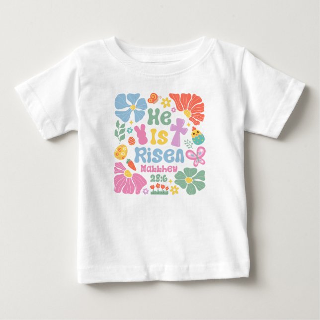 "He Is Risen" Matthew 28:6 Boho Floral Easter  Baby T-Shirt (Front)