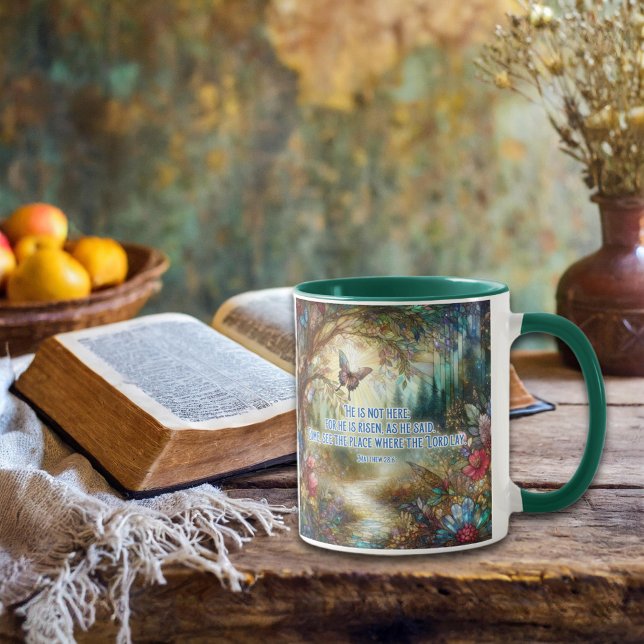 He Is Risen Matthew Verse Stained Glass Woodlands  Mug (Creator Uploaded)