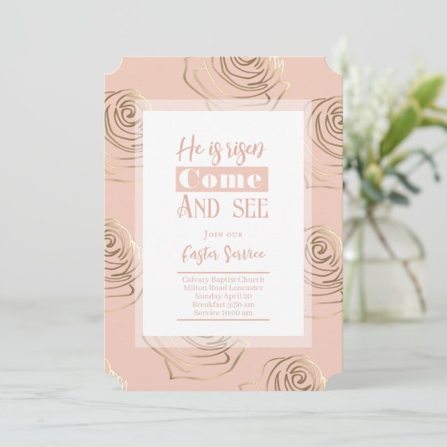 He Is Risen Peach Easter Invitation Card (Standing Front)