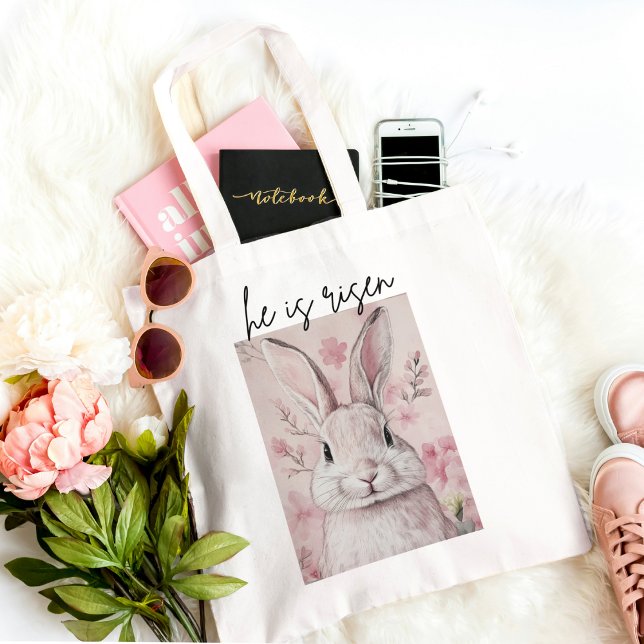 "He is Risen" Pink Bunny with Flower Tote Bag (Creator Uploaded)