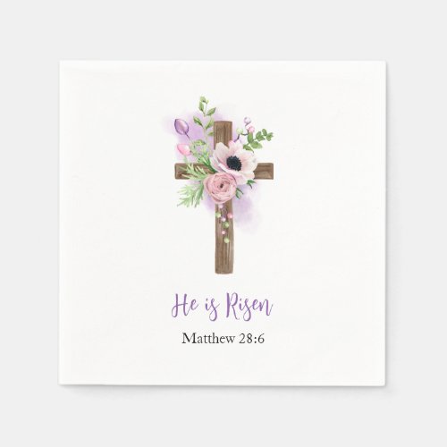 He is Risen Purple Beautiful Floral Cross Easter Napkins