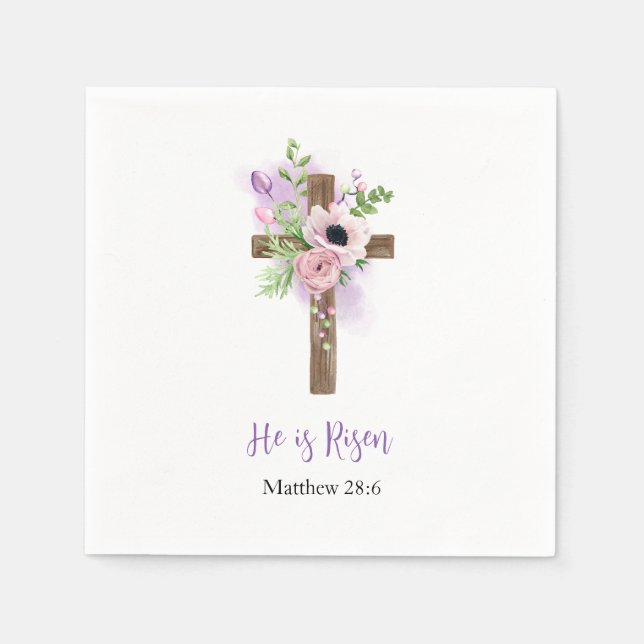He is Risen Purple Beautiful Floral Cross Easter Napkins (Front)