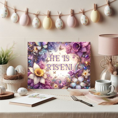 He Is Risen Purple Floral Butterflies Easter  Holiday Postcard