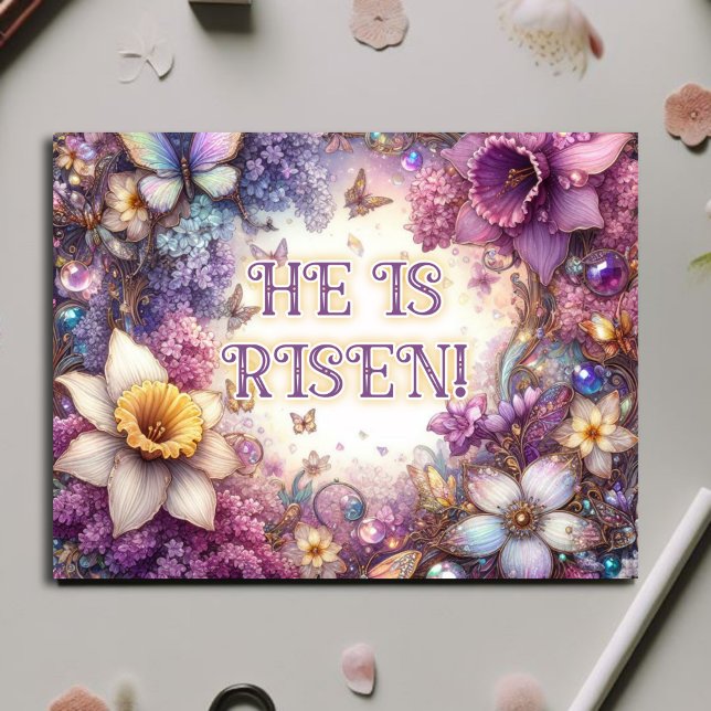 He Is Risen Purple Floral Butterflies Easter  Holiday Postcard (Creator Uploaded)