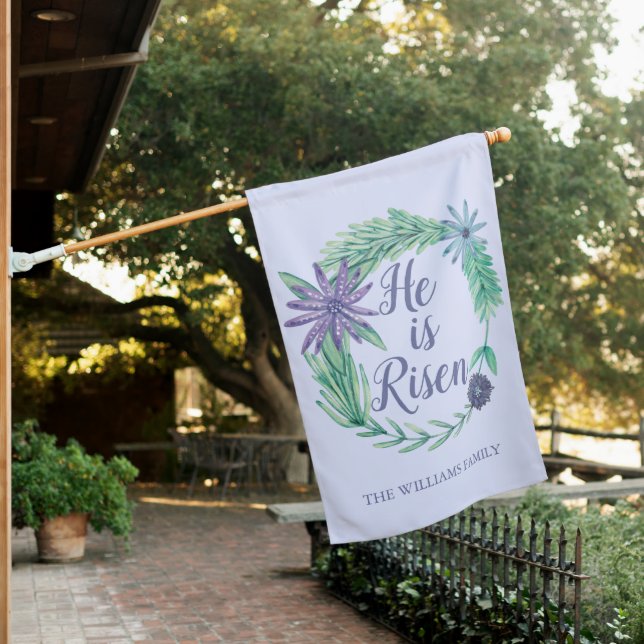 He is Risen Purple Floral Religious Easter Custom House Flag (In SItu)