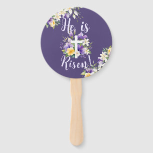 "He is Risen!" Purple Floral Religious Easter Hand Fan