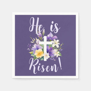 "He is Risen!" Purple Floral Religious Easter Napkins