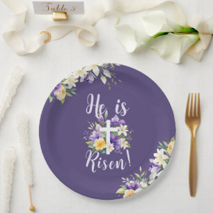 "He is Risen!" Purple Floral Religious Easter Paper Plates