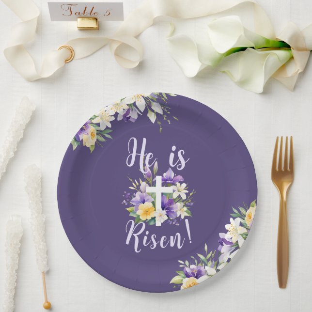  "He is Risen!" Purple Floral Religious Easter  Paper Plates (Wedding)