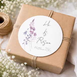 He is Risen Purple Floral Script Religious Easter Classic Round Sticker