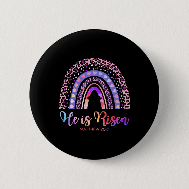 He Is Risen Rainbow Happy Easter White Christian J Button (Front)