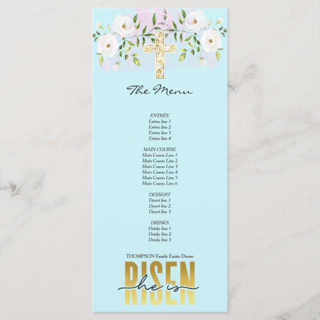 He Is Risen Religious Christian Quote Blue Easter Menu (Front)