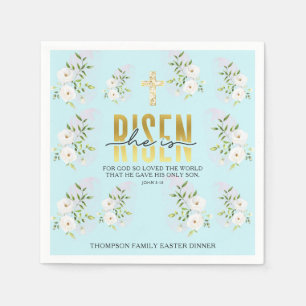 He Is Risen Religious Christian Quote Blue Easter Napkins