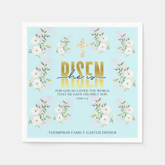 He Is Risen Religious Christian Quote Blue Easter Napkins (Front)
