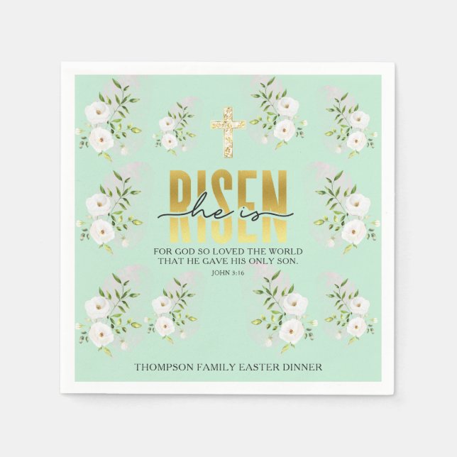 He Is Risen Religious Christian Quote Mint Easter Napkins (Front)