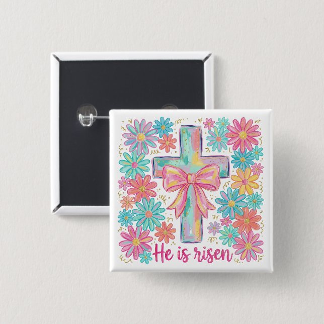 "He is risen" Religious Cross  Easter Button (Front & Back)