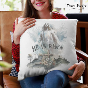He is Risen Religious Easter Christian Cross Throw Pillow