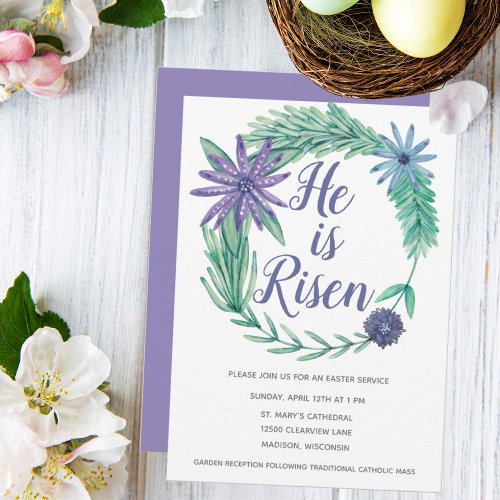 He is Risen Religious Easter Church Purple Floral Invitation