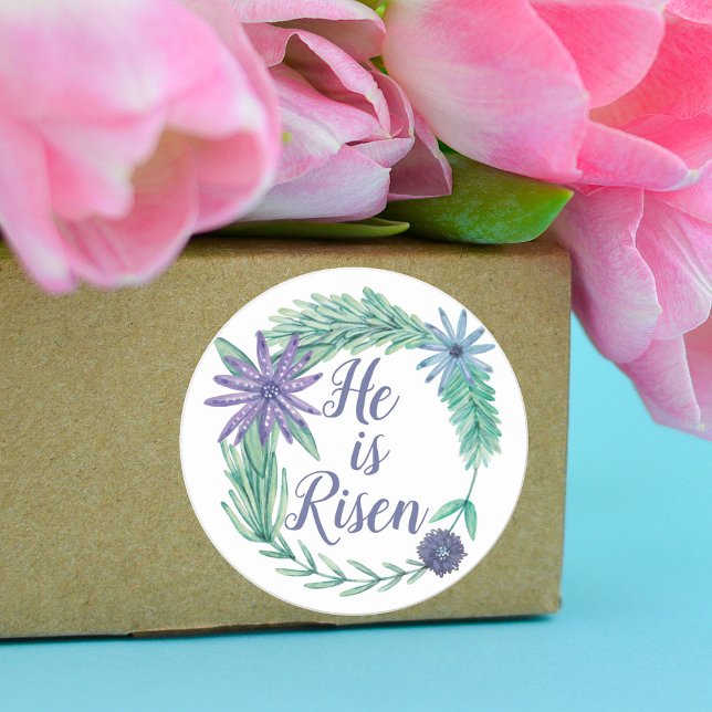 He is Risen Religious Easter Floral Classic Round Sticker (Creator Uploaded)