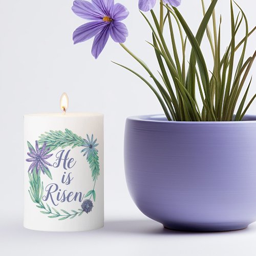 He is Risen Religious Easter Floral Pillar Candle
