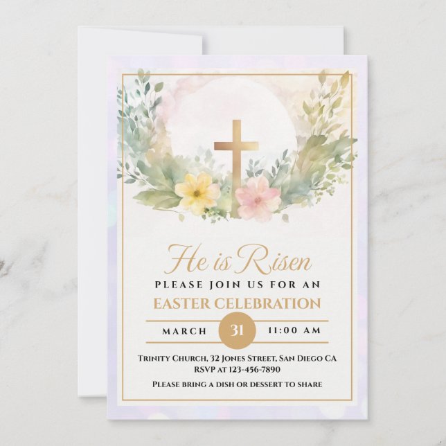 He is Risen Religious Easter watercolor Floral Announcement (Front)