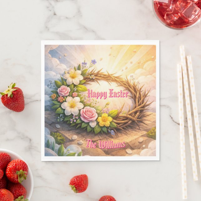 He Is Risen Religious Floral Crown Easter Napkins (Insitu)