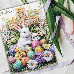 He Is Risen Religous Easter Bunny Cross Floral Holiday Card